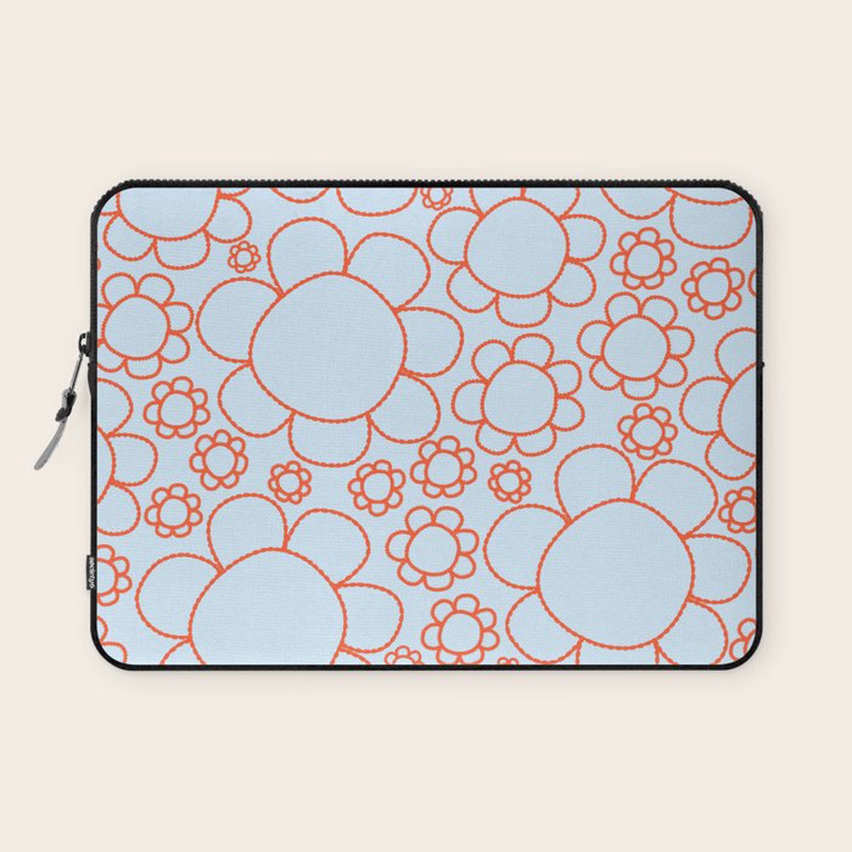 Cheerful Doodle Flowers Pattern in Ice Blue and Orange Laptop Sleeve