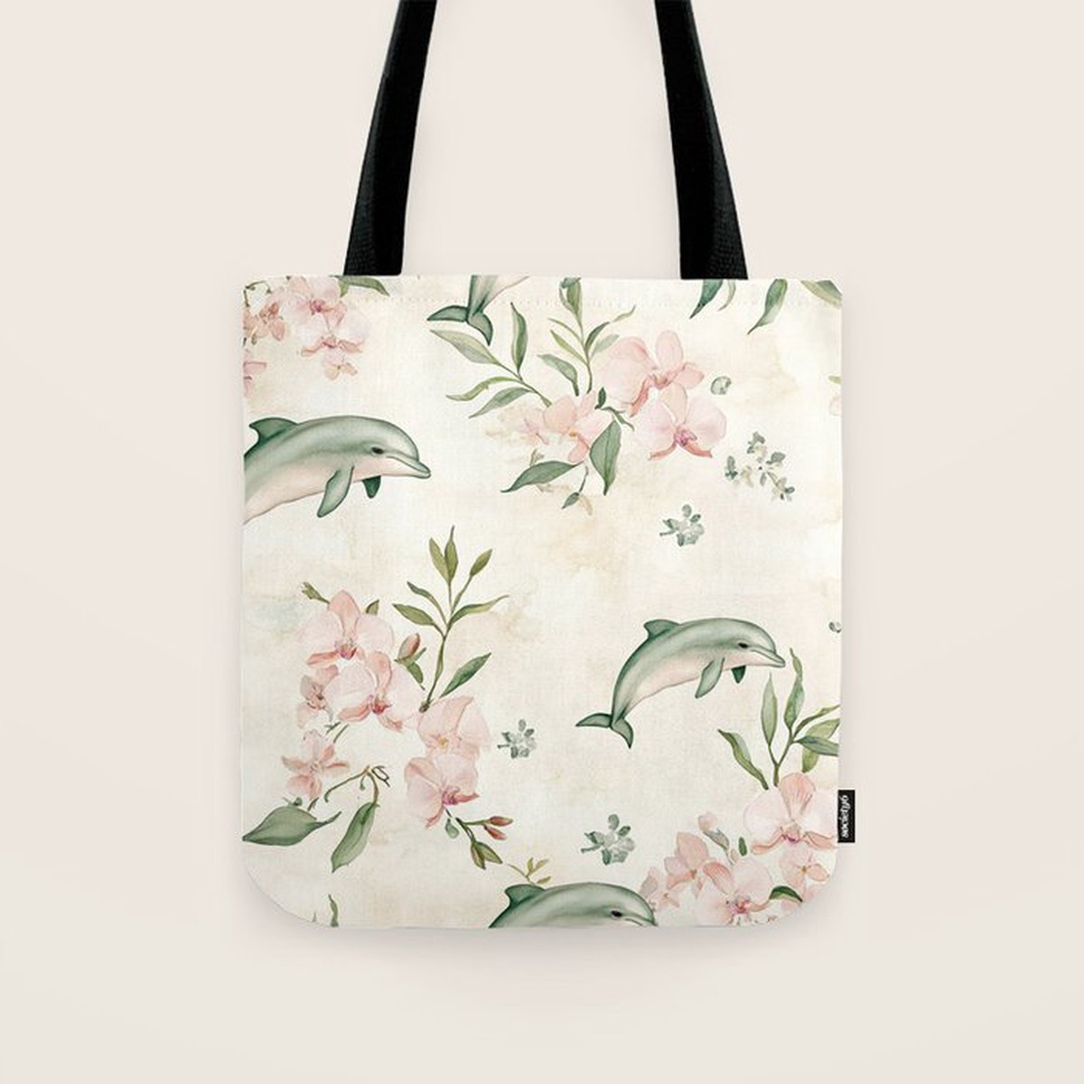 Dolphins and orchids watercolor tropical print Tote Bag