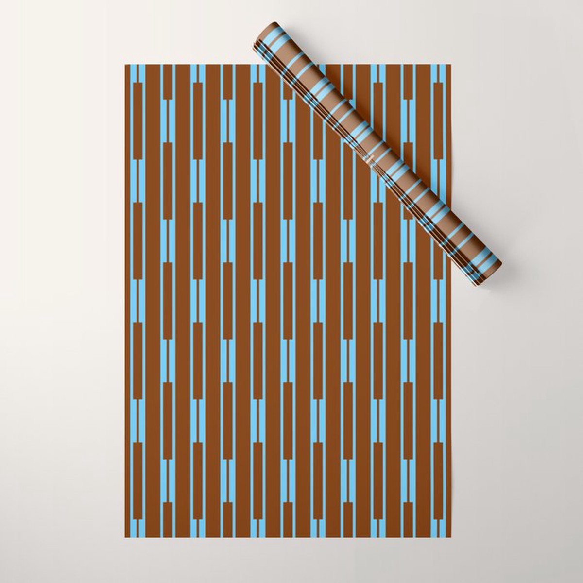 Geometric Minimalist Geo Chain Vertical Stripe Pattern in Sky Blue and Chestnut Brown Wrapping Paper