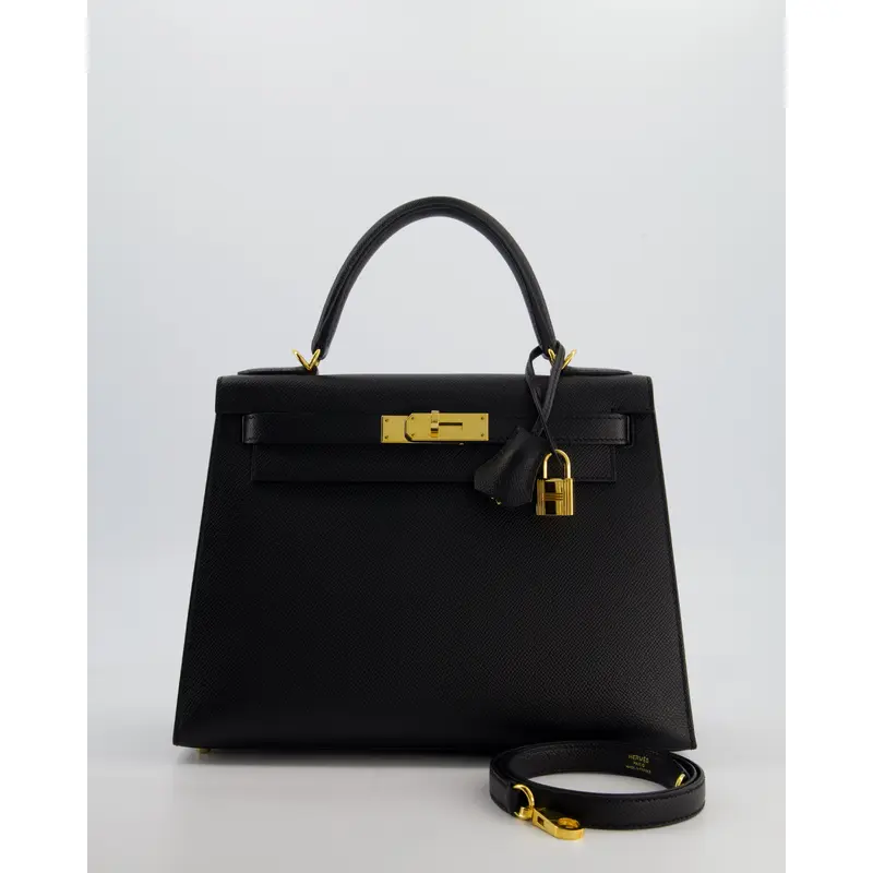 *HOT* Herms Kelly 28 Sellier Bag in Noir Epsom Leather with Gold Hardware