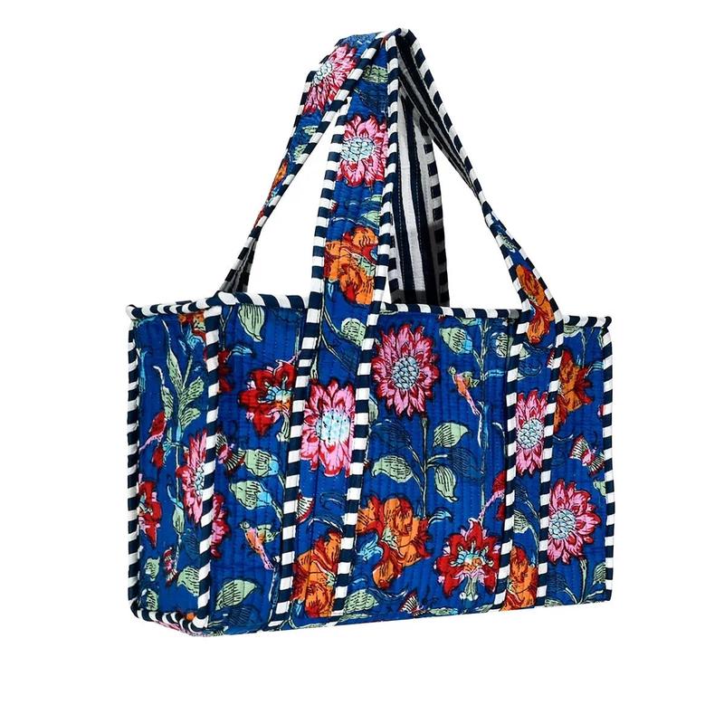 Cotton Block Print Tote Bag - Large Blue