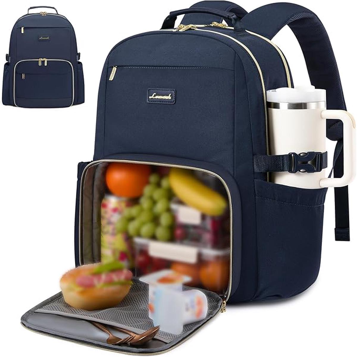 LOVEVOOK Lunch Backpack with Lunch Compartment,17 Inch Laptop Work Travel Insulated Cooler Backpack Purse, Waterproof College Teacher Lunch Bag Box with Tumbler Holder,Gifts for Men Women,