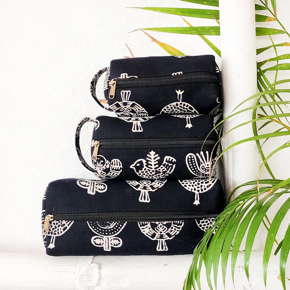 Travel Utility Multipurpose Pouches Pack Of 3 Black With White Motifs
